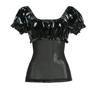 Tops punk gótico pvc látex se sexy conjunto de couro falso gaze de gaze malha tshirt top com mini traje de festa de saia club