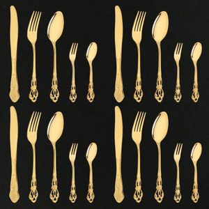 Vintage Western Mirror Gold Cutlery Tableware Set 20Pcs Dining Flatware Knife Cake Fork Teaspoon Luxury Dinnerware Engraving 240315