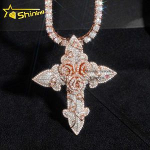 مجوهرات الهيب هوب المثلجة المخصصة للرجال الجنيه الاسترليني Sier VVS Moissanite Diamond Rose Gold Cross.