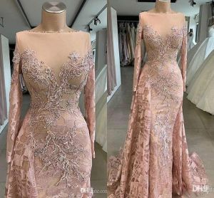 Staubige rosa Meerjungfrau-Abschlussballkleider Vintage-Ärmel SpitzeAppliques Perlen Lange Abendkleider Formelle Ocn-Vestidos BC5129