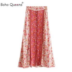 Платья Boho Queens, летняя пляжная юбка в стиле хиппи, пуговицы спереди, милые богемные длинные юбки с цветочным принтом, женские длинные юбки большого размера