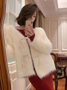 Damska kurtka futrzana kobiety sztuczny płaszcz 2024 zima v szyja z długim rękawem pojedyncze kurtki piersiowe luźne gęste ciepłe płaszcze