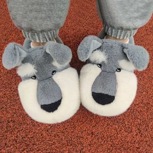 Slippers Fluffy Schnauzer Slippers Women's Lifelike Animal Home Fury Loafer Mule Shoes Family Matching Slippers Indoor Slides Sliper 2022