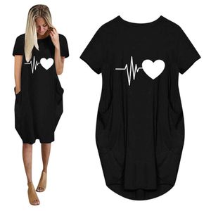 Yaz Kısa Kollu Elbise Sevgililer Günü Kalp Baskı Yeni Cep