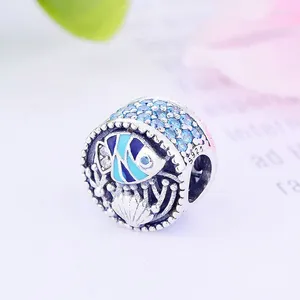 Lösa ädelstenar 925 Silver Sea Shell Fish Coral Blue Natural Stone Crystal Bead Fit Original Pan Charm Armband Reflexion Making Berloque