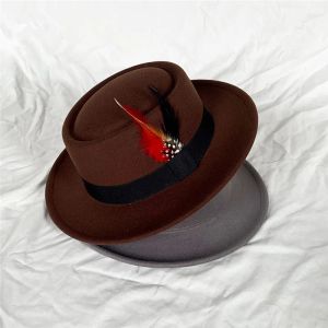 Feather Small Brim Flat Top Hat Men's Felt Hatts Women Fedora Cap Women's Fedoras Men Trilby Party Caps