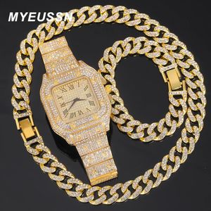 Full Iced Out Watch Mens Cuban Link Chain Armband Halsband Choker Bling smycken för män Big Gold Color Chains Hip Hop Watch Set 240315