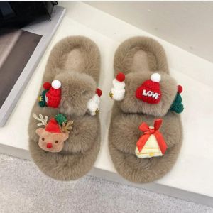 Terlik Kış Yeni Noel Peluş Terlik Kadınlar için Yumuşak Alt Sıcak Kapalı Ev Terlik Düz Rahat Kabarık Zemin Slaytları Chaussures