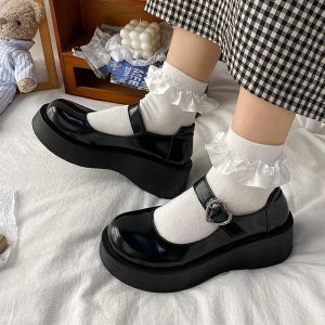 Boots Mary Jane Shoes Women Retro Cute Thick Bottem Lolita Shoes Heart Patent Leather Women Platform Shoes Japanese Style Black