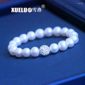 Strand Xueluo 9-10mm nära runda äkta naturliga sötvatten pärlarmband armband för kvinnor med vit zirkonbollelasticitetsmycken