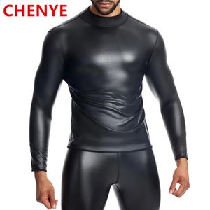 Herren Stehkragen Langarm-Leder-T-Shirt Schlanke Unterwäsche Body Shaper Taillentrainer Korsetts Bauch-Shapewear Lederhemden 240306