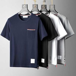 TBファッションブランドメンズTシャツチェストポケットストライプピュアコットンサマーラウンドネック半袖Tシャツビジネスカジュアル