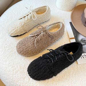 Boots 2022 Brand Fur Shoes Woman LaceUp Loafers White Woolen Boots Femmes Thicken Plush Moccasins Winter Curly Lambswool Shoes Ladies