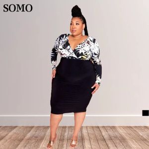 Dresses SOMO 2022 Spring Clothes Sexy V Neck Plus Size Women Dresses Hip Wrap Fashion Printed Midi Dress Wholesale Dropshipping