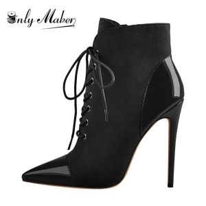 Boots Onlymaker Women's Pointed Toe 10 Cm Sexy High Heel Lace Up Ankle Booties Stiletto Blac and Red Big Size Boots