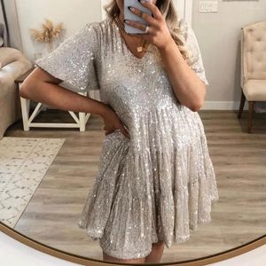 فساتين غير رسمية ترتر لامعة A-line patchwork big swing v neck plate round roune short sleeve party party party فوق فستان mini knee