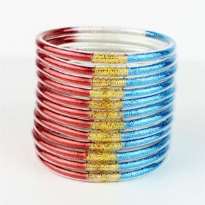 Bracciale da donna con tubo in silicone trasparente Patriot in polvere d'oro triplo rosso bianco blu a 12 strati JELLY BANGLE