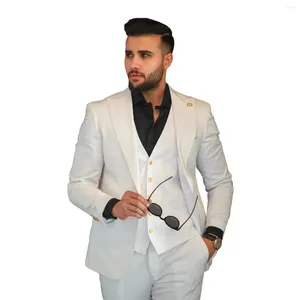 Abiti da uomo Smoking da uomo bianco da uomo 3 pezzi Risvolto con visiera Sposo Prom Uomo Abiti Set di pantaloni (giacca pantaloni gilet) Realizzato su misura