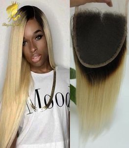 Ombre Color 4x4inch 3 Part Lace Closure Mongolian Human Hair straight Closure blonde 1b613 with baby hair57064756830132
