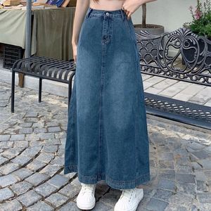 S-5XL mulheres longo denim saia verão moda vintage cintura alta hip envoltório a linha jeans saia primavera casual solto divisão saia azul 240311