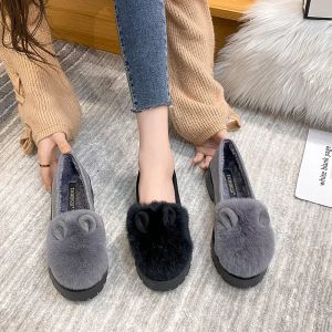 Boots Women Fluffy Plush Flat Shoes 2022 Fashion Winter Warm Plush Women's Shoes Rabbit Fur Loafers Ladies Slip on Casual Cotten Shoes