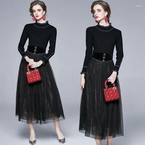 Work Dresses 2024 Fashion Women Set Spring Autumn Sweater Knitted Top And Vintage Black Long Mesh Skirt Two Piece High Quality Sets