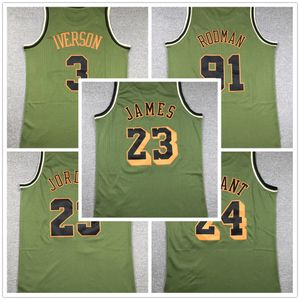 Askeri Ordu Yeşil Retro Tarzı Örgü Basketbol Formaları 23 Michael Dennis 91 Rodman Allen 3 Iverson LeBron 23 James Bryant Erkekler Tüm Nakışlar