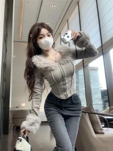 Women's T Shirts Sweet Girl Grey Fur Patchwork V-neck Knitted Cardigan For Spring Slim Irregular Bottom Top Fashion Female Clothes