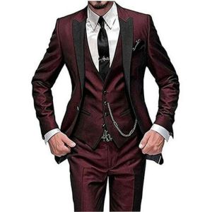 Ternos Vinho Tinto Estilo Italiano Colorido Smoking Noivo Prom Vestido Rosa Vestido de Noiva Elegante Magro Terno Masculino Conjunto 3 Peça (Jaqueta + Calça + Colete)