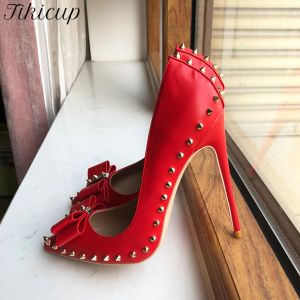 ブーツTikicup Red Matte Women Powing Toe High Heel Shoes With Bow Sexy Spikesリベットスティレットポンプ8cm 10cm 12cm色カスタマイズ