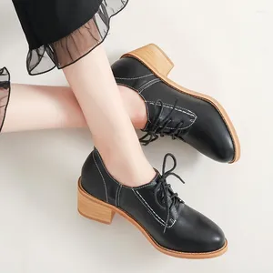 Casual British Spring 492 Shoes Style Women's Preppy Round Toe Career Lace-up Female Oxfords Retro Thick Heels OULYYYOGO