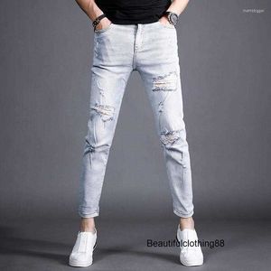 Mens Jeans sommar rippade män ljusblå fotledslängd byxor streetwear mode lättvikt smal fit denim byxor