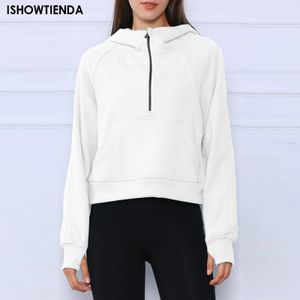 Felpe con cappuccio da donna larghe tasche corte a mezza zip con foro per il pollice maniche lunghe pullover felpe con cappuccio da donna semplici alla moda 240328