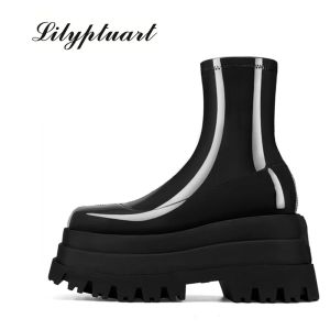 Boots 2022 Ladies Ankle Boots New Fashion Platform High Heels Platform Chunky Heel Stretch Black Red Stretch Boots Dress Party Boots