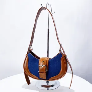 Shoulder Bags England Style Underarm For Women Luxury Designer Handbag And Purse 2024 In PU With Denim Stitching Contrasting