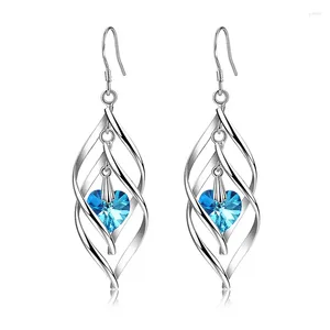 Orecchini pendenti in argento sterling 925 con cristalli lunghi a forma di cuore blu per regali di gioielli da sposa con ciondoli da donna