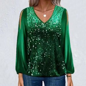 Women's Blouses Women Off-the-shoulder Top Elegant Sequin Lantern Sleeve Blouse For Stylish Hollow Out V Neck With Soft Breathable