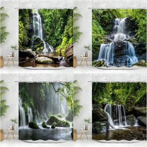 Cortinas de chuveiro floresta cortina natureza cenário floresta tropical rio cachoeira árvores poliéster tecido banheiro conjunto decorativo