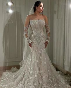 Lyx full kristalltassel sjöjungfru bröllopsklänning underbara pärlor blommor formell brudklänning ceremoni vestidos de novia