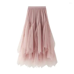 Kjolar kvinnor s a-line midi tulle tutu elastisk hög midja oregelbunden fransar fasta färgklänning