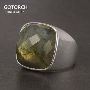 925 Silver Ring Ladies Natural Labradorite Square Glossy Minimalist Wedding Jewelry Sterling 240305