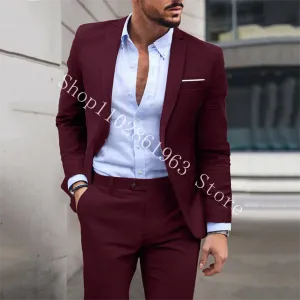 Suits Burgundy Formal Men Suits Slim Fit Wedding Tuxedos Male Blazers Notched Lapel 2 Pieces Suits Business Casual Terno Masculino