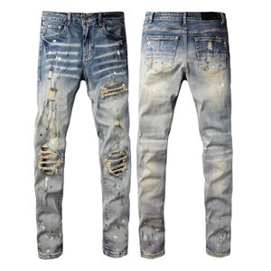 Дизайнерские мужские джинсы Американский стиль Хай-стрит С потертостями Прямая трансляция Краска Синий Классический Эластичный