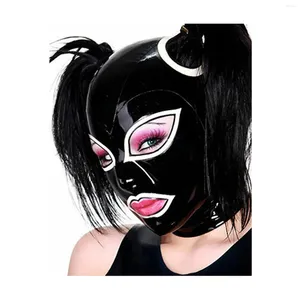 Bras sätter Monnik Latex Mask Ladies Fashion Gummi Hood med hårhål och bakre dragkedja handgjorda för fest Cosplay Catsuit