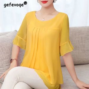 Tanques 2020 verão nova cor sólida elegante moda camisa feminina manga curta solta casual chiffon topo feminino estética chique senhora roupas