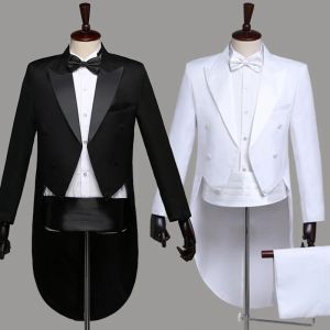 Suits New Mens Tailcoat Suit Classic Black White Shiny Lapel Tail Coat Tuxedo Wedding Groom Stage Singer Costumes Four Piece Suit