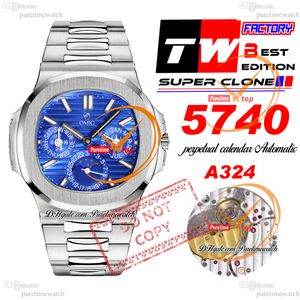 5740 Ewiger Kalender A324SC Automatische Herrenuhr TWF Blaue Textur Zifferblatt Stick Markers Edelstahlarmband Super Edition Reloj Hombre Puretimewatch PTPP