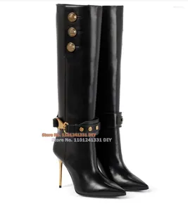 Stiefel aus schwarzem Leder mit goldener Medaillon-Schnalle, sexy hochhackige spitze Zehen-Kniestiefel, Damen-Riemen, langer Stiefel, Übergröße 35–46