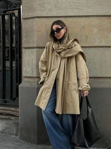 Primavera feminina elegante solto trench coat com cachecol feminino vintage entalhado pescoço manga longa chique senhora casaco outfits 240309