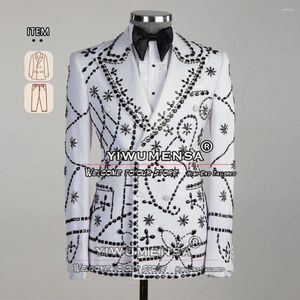 Men's Suits White Wedding For Groomsmen Luxury Handmade Beading Coat Pants 2 Pieces Man Tuxedos Banquet Prom Party Dress Male Clothing